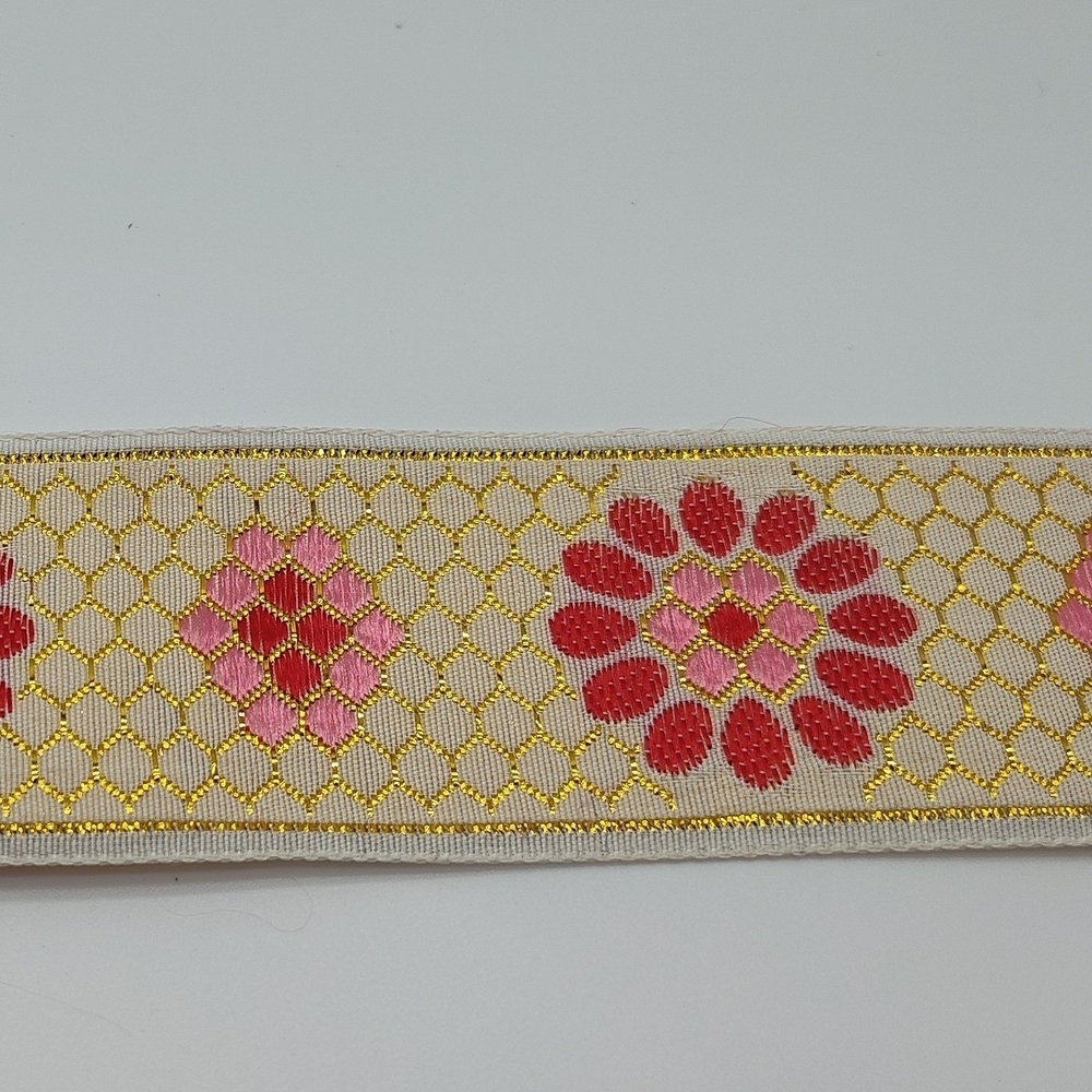 Metallic Jacquard Floral Ribbon Ivory Gold Pink Red Two (2) Yards 1.5” - Picture 4 of 5